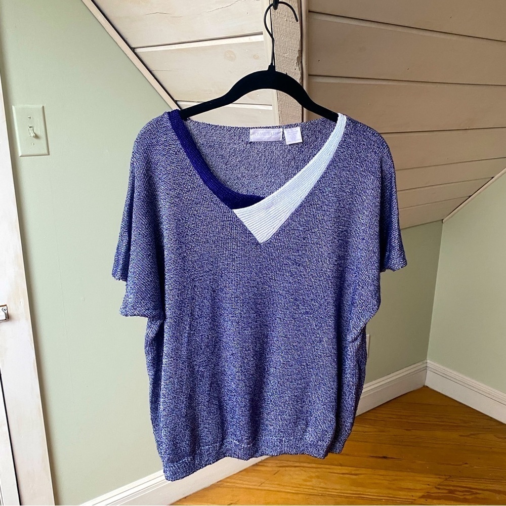 VINTAGE Bonwit Teller Short Sleeve Sweater Blue & White V Neck Size L 12-14